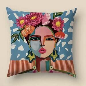 NEW Frida Kahlo Like Colorful Throw Pillow Cushion COVER ONLY Soft Printed 18”